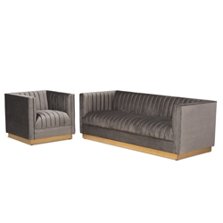 Baxton Studio Aveline Glam and Luxe Grey Velvet Fabric Upholstered Brushed Gold Finished 2-Piece Living Room Set